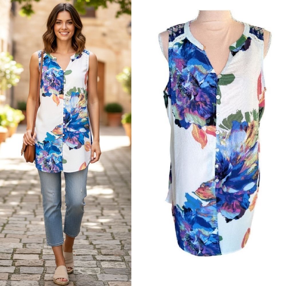Fig And Flower Anthropologie White Blue Floral High Low Sleeveless Tunic Large